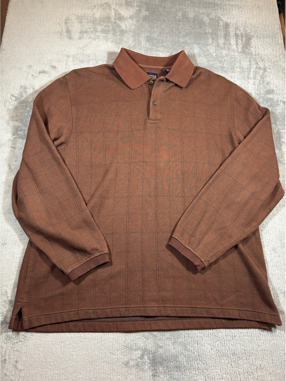 Arrow Men's L Brown Check Long Sleeve Collared Knit Polo Shirt, Cotton Blend